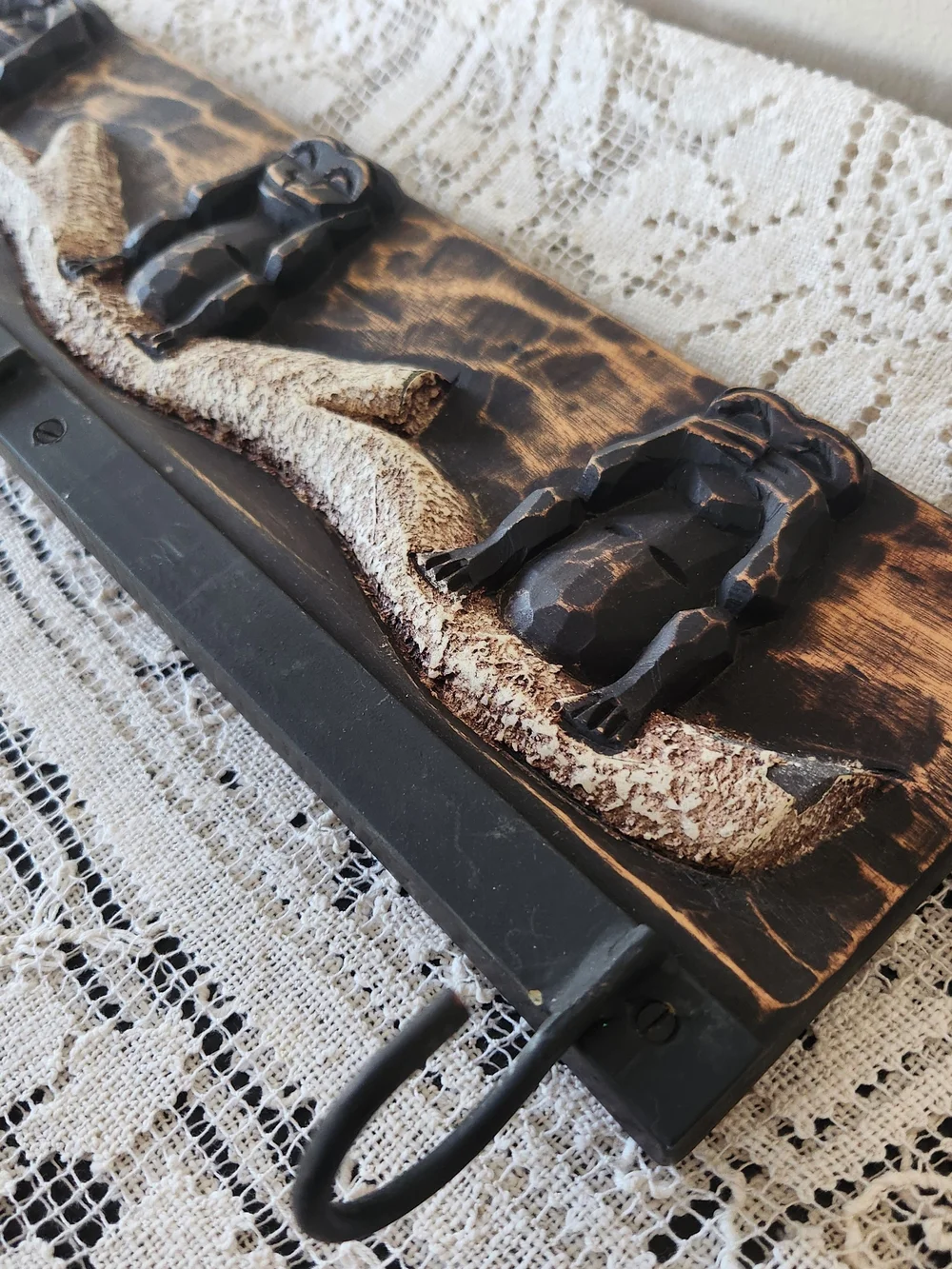 Vintage Carved Wooden Wall Hook with Gold Accents